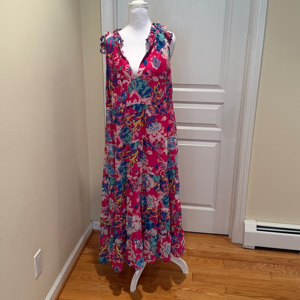 Mud Pie Pink Floral Ruffle-Trim Maxi Dress